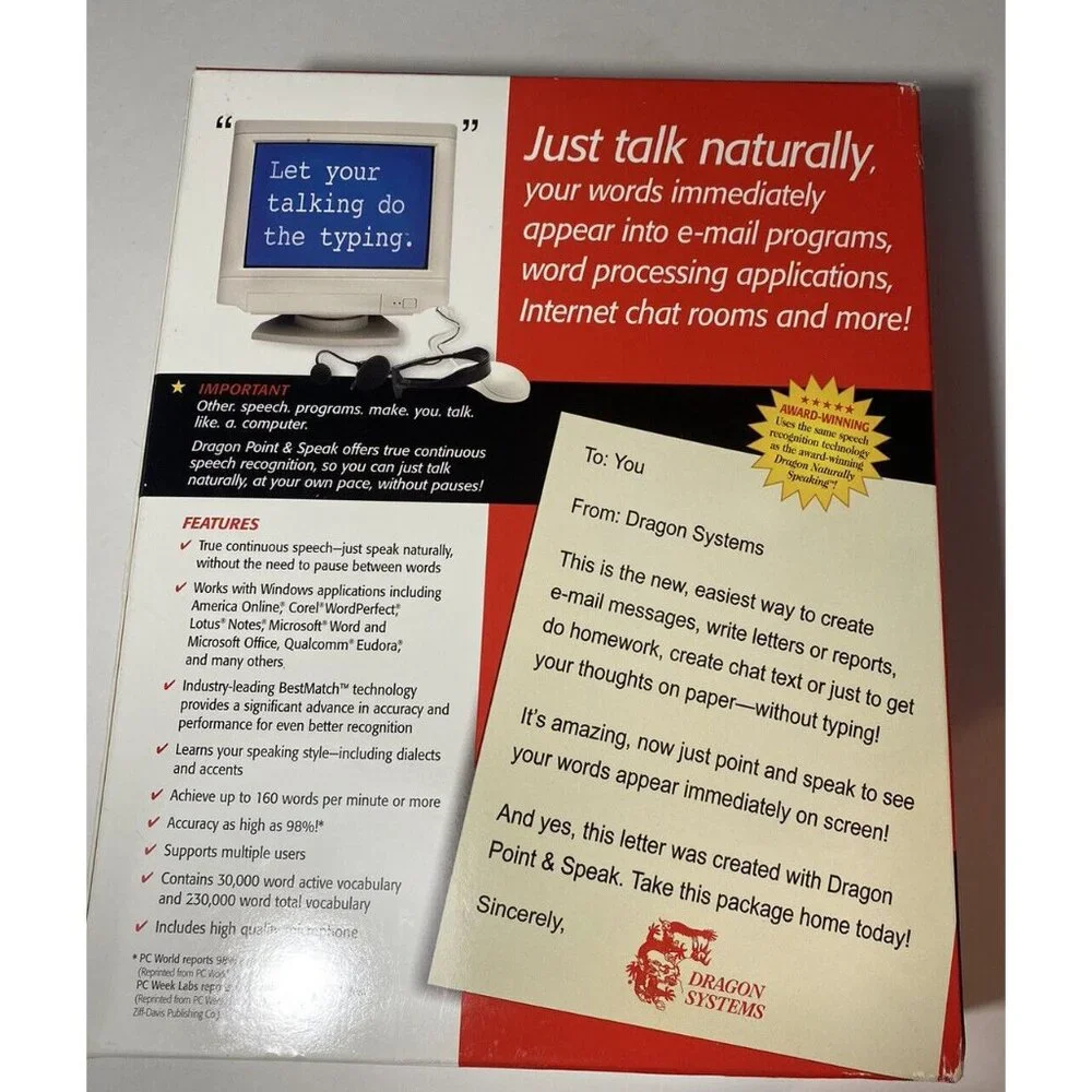 NIB Sealed Dragon Point & Speak 3.0 Windows 98 And 95 Includes Microphone